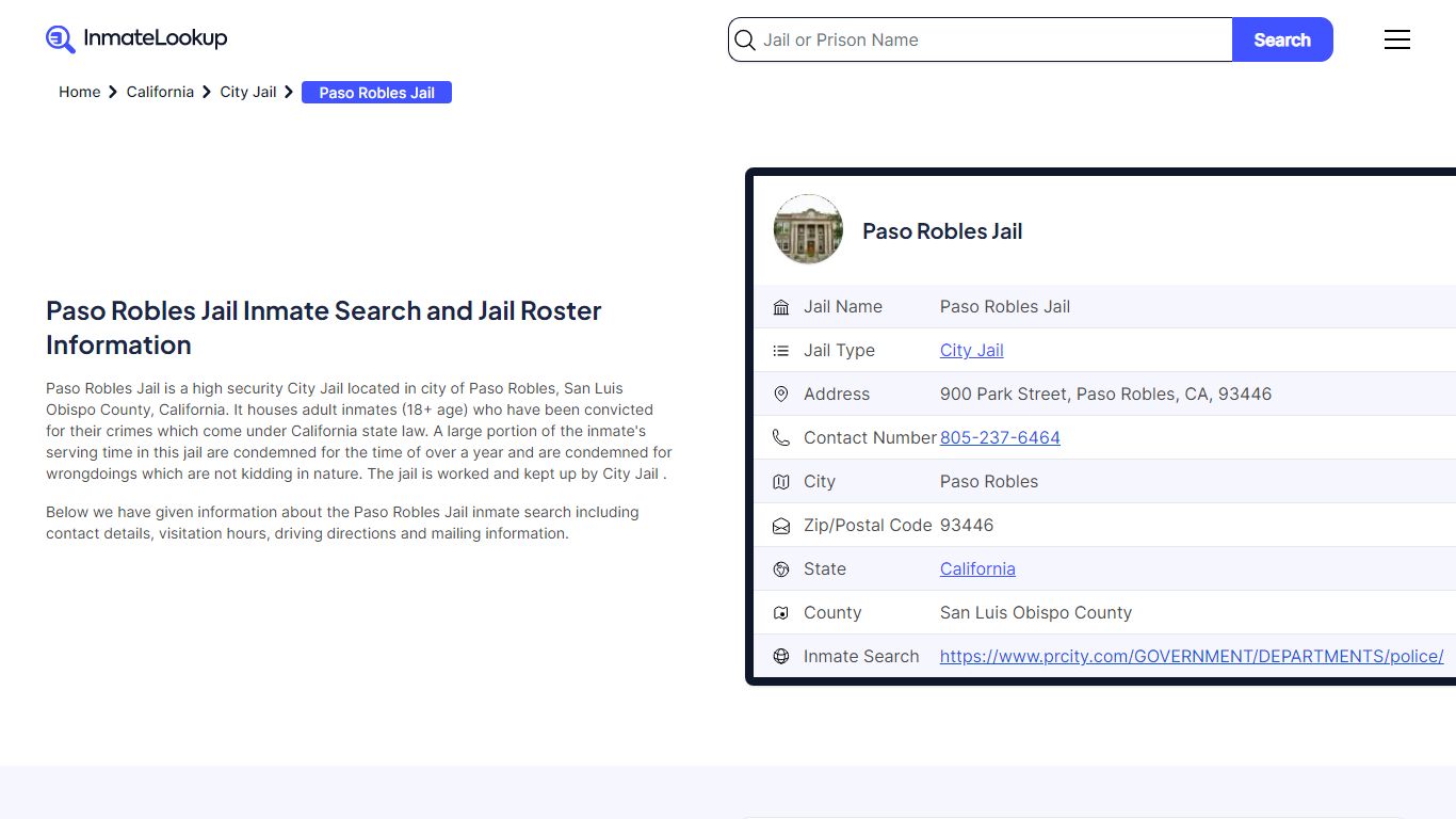 Paso Robles Jail Inmate Search - Paso Robles California - Inmate Lookup