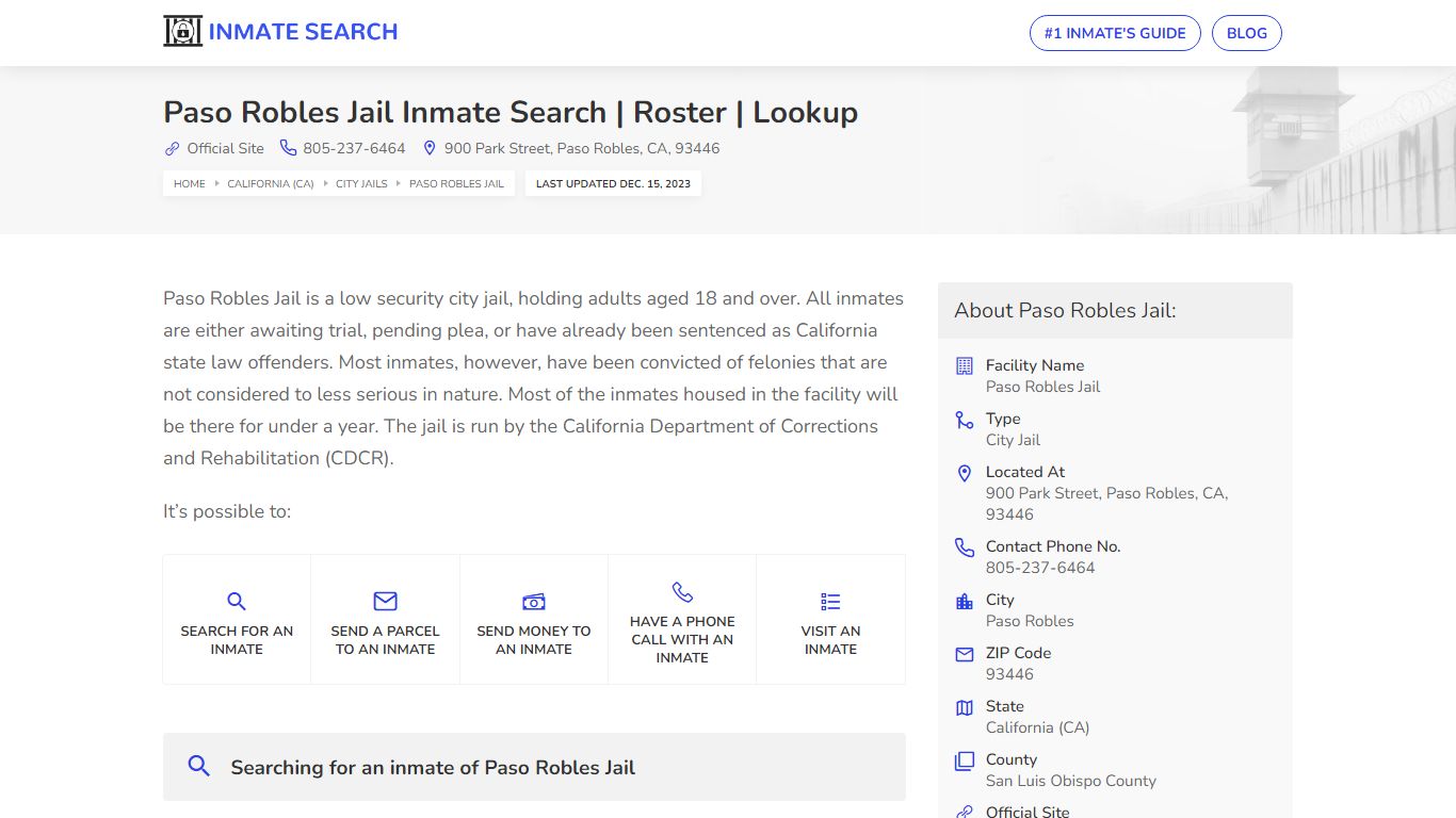 Paso Robles Jail Inmate Search | Roster | Lookup
