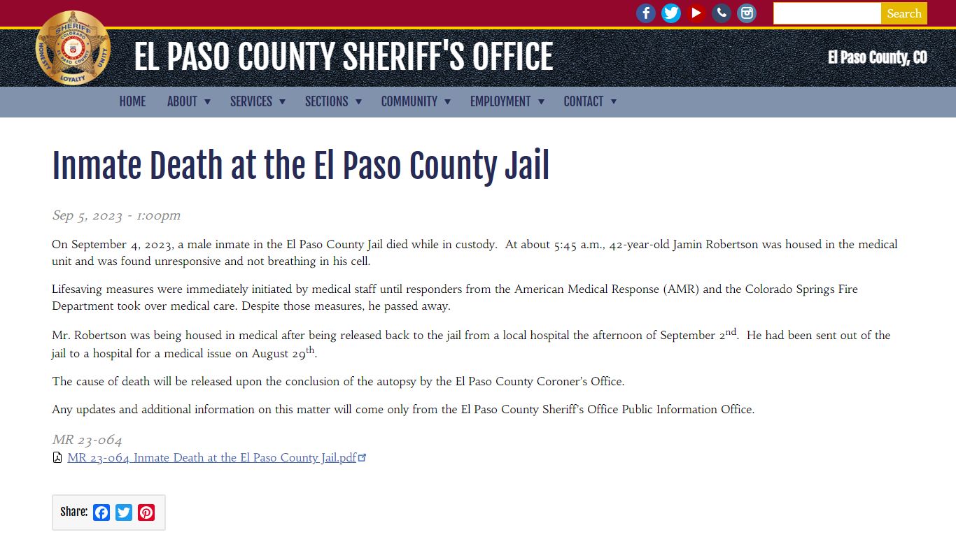 Inmate Death at the El Paso County Jail | El Paso County Sheriff